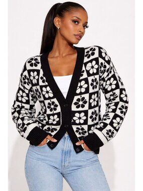 Forever 21 Small Black White Cardigan Floral Checker Knit Retro Preppy Daisy Mod